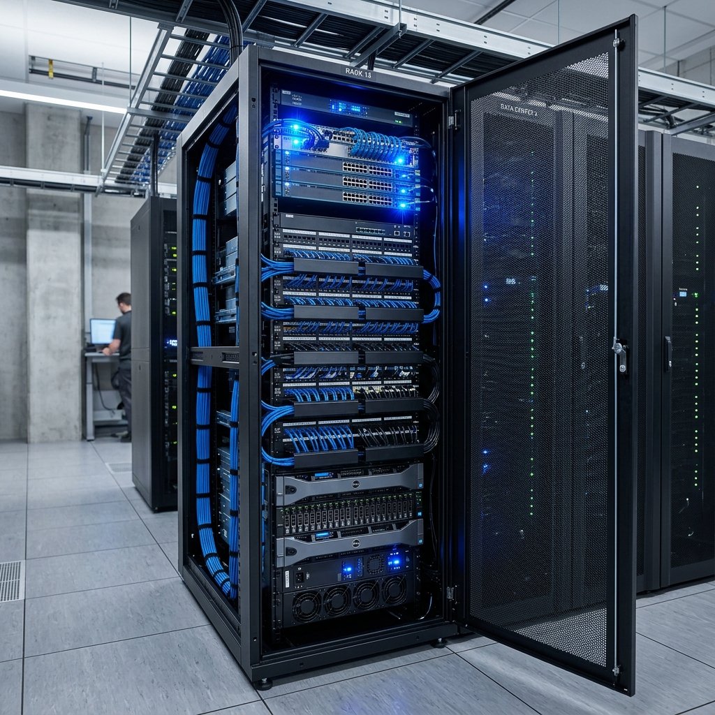 Rack de servidores y redes organizado profesionalmente con switches POE en funcionamiento