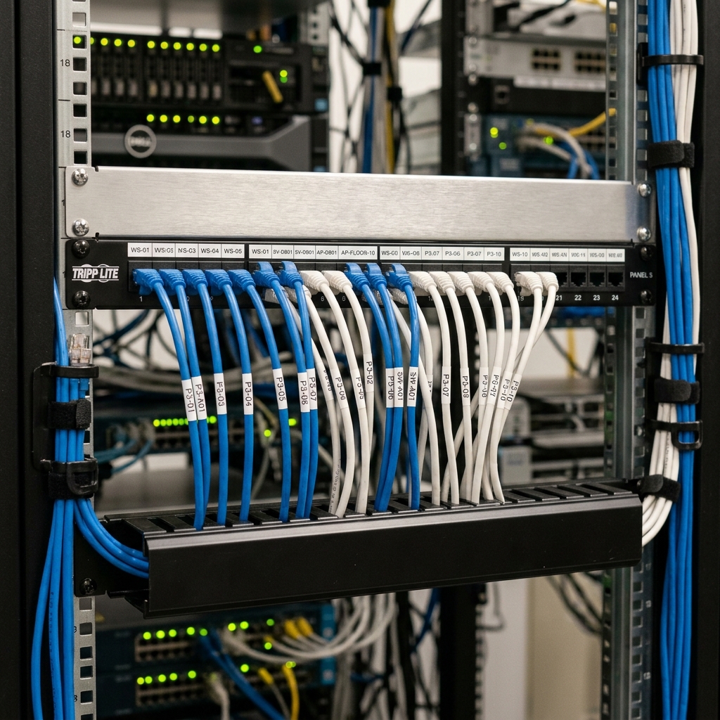 Instalación profesional de cableado estructurado Cat6 peinado e identificado en patch panel