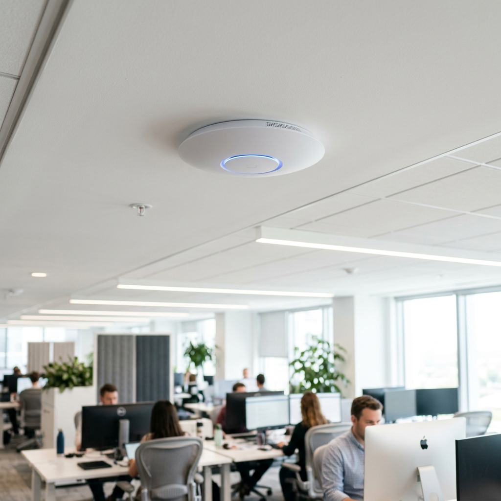 Punto de acceso WiFi corporativo montado en el techo con luz led azul