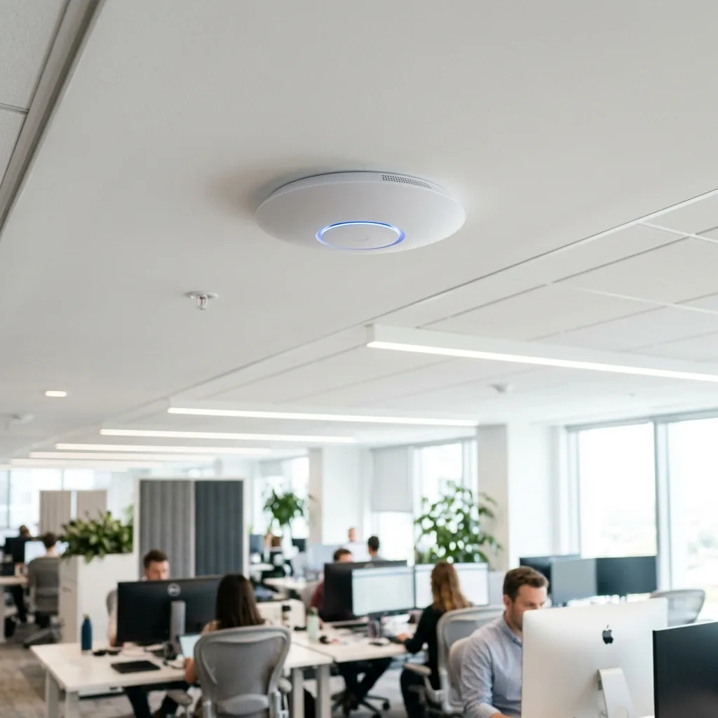 Punto de acceso WiFi corporativo montado en el techo con luz led azul